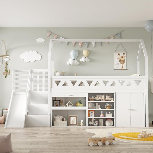 White wooden bunk - white, bed